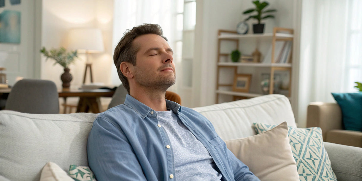 An image of a man relaxing on a sofa after feeling calm from CBD oil.