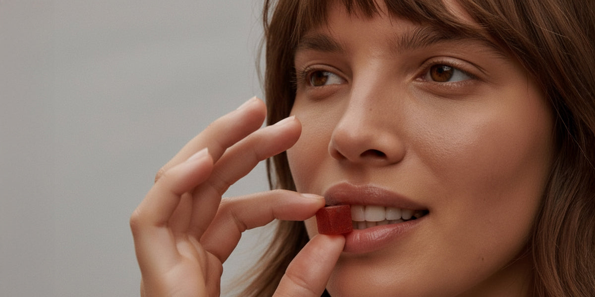 woman eating an Acknowledge gummy.