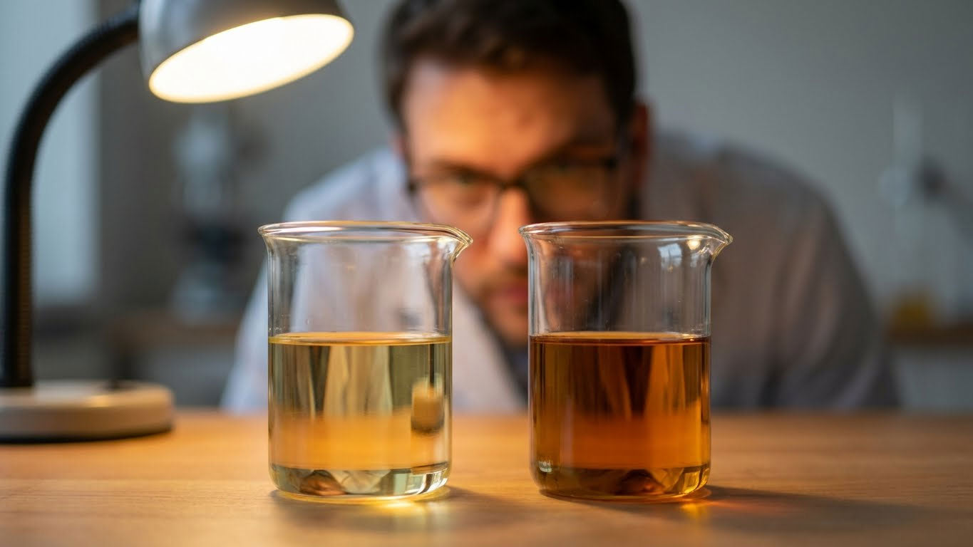 A member of Acknowledge Team looking at two different types of oils