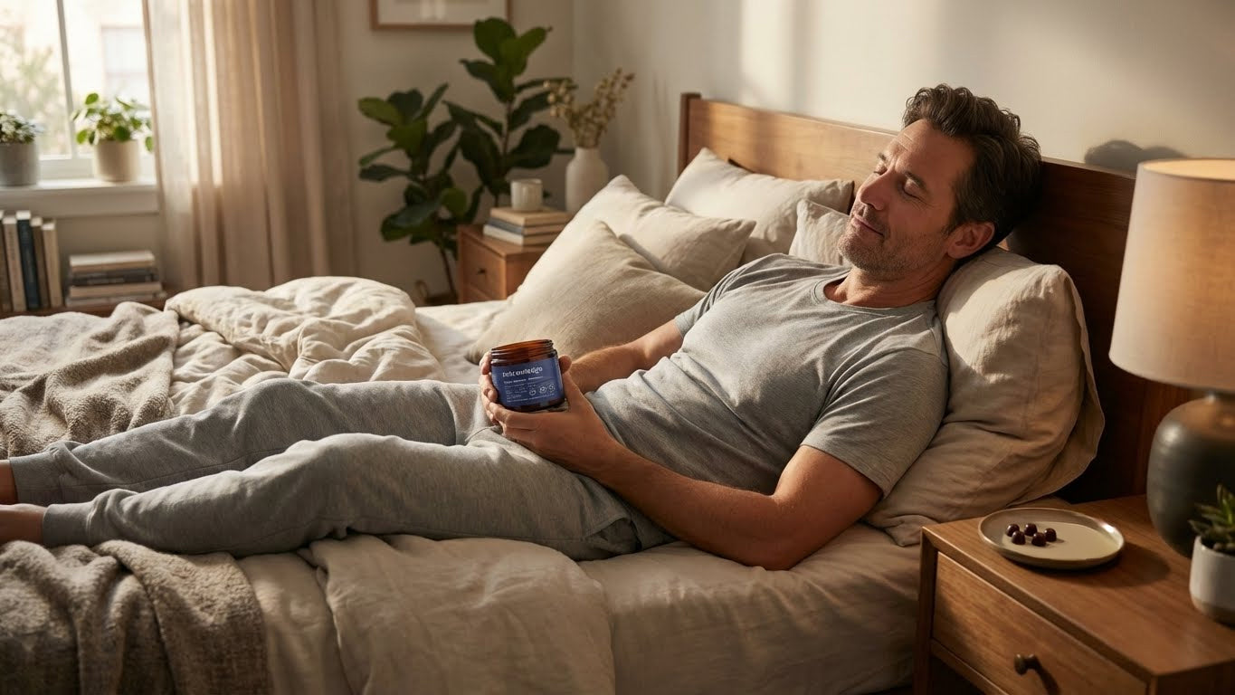 A man laying down in his bed while taking a CBD Acknowledge Sleep Gummies
