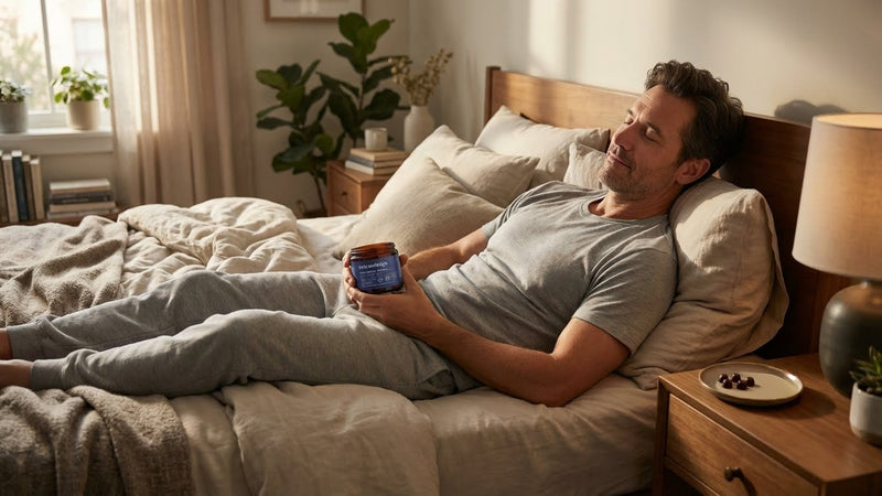 A man laying down in his bed while taking a CBD Acknowledge Sleep Gummies