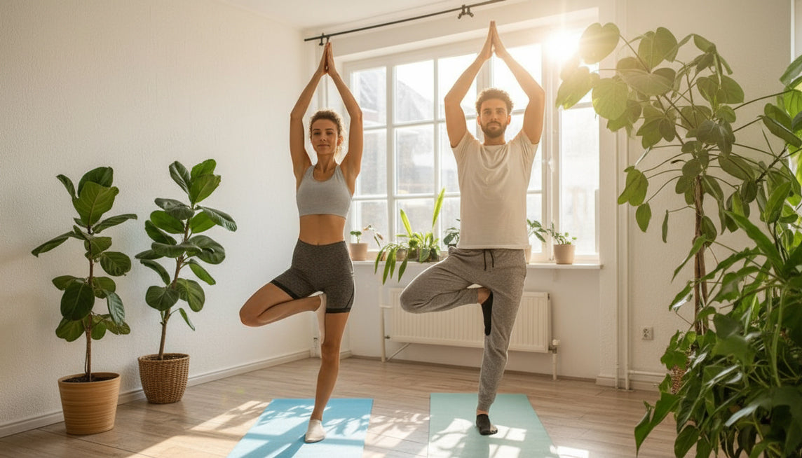 An image of a woman and a man doing yoga indoors.