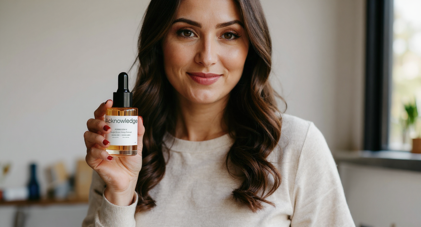 An image of a glass dropper bottle filled with golden CBD oil holded by a woman..