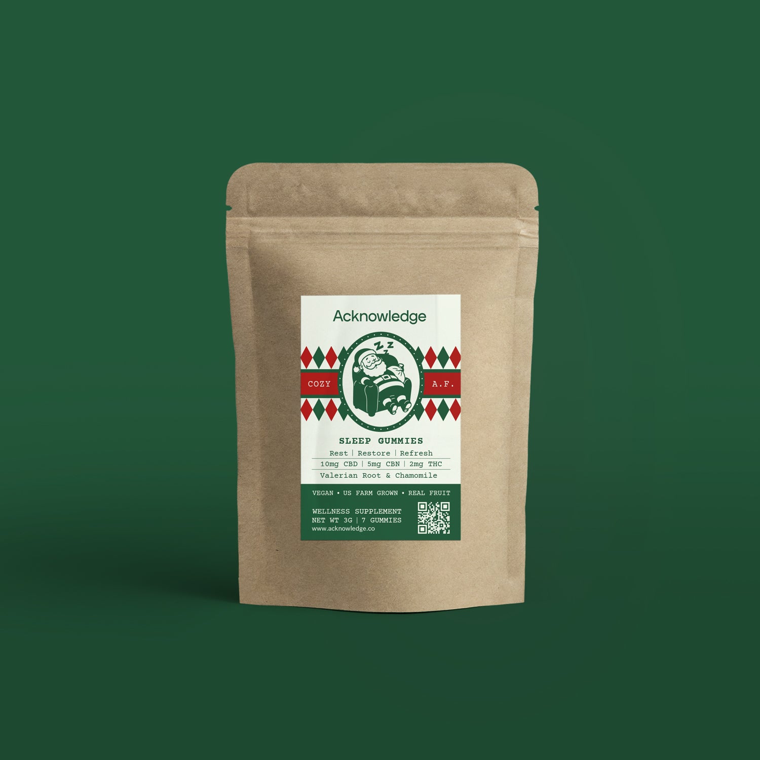 Acknowledge Holiday Sampler Sleep Gummies in festive kraft packaging with CBD, and CBN for relaxation, rest, and cozy seasonal wellness.