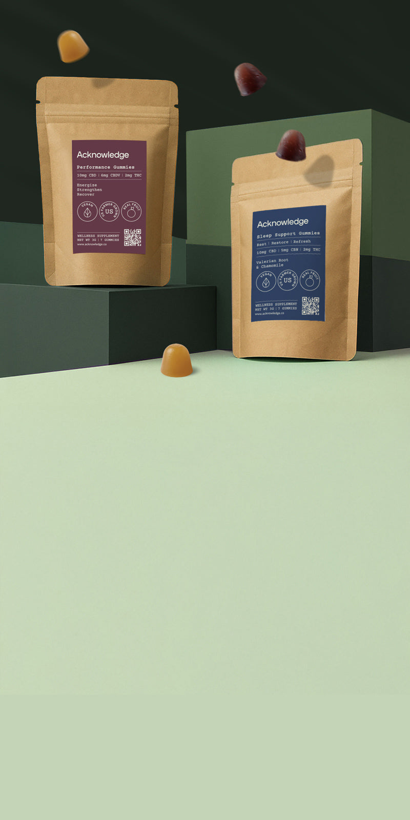 Acknowledge Performance and Sleep Support Gummies Samplers in a minimalistic background and some gummies floting