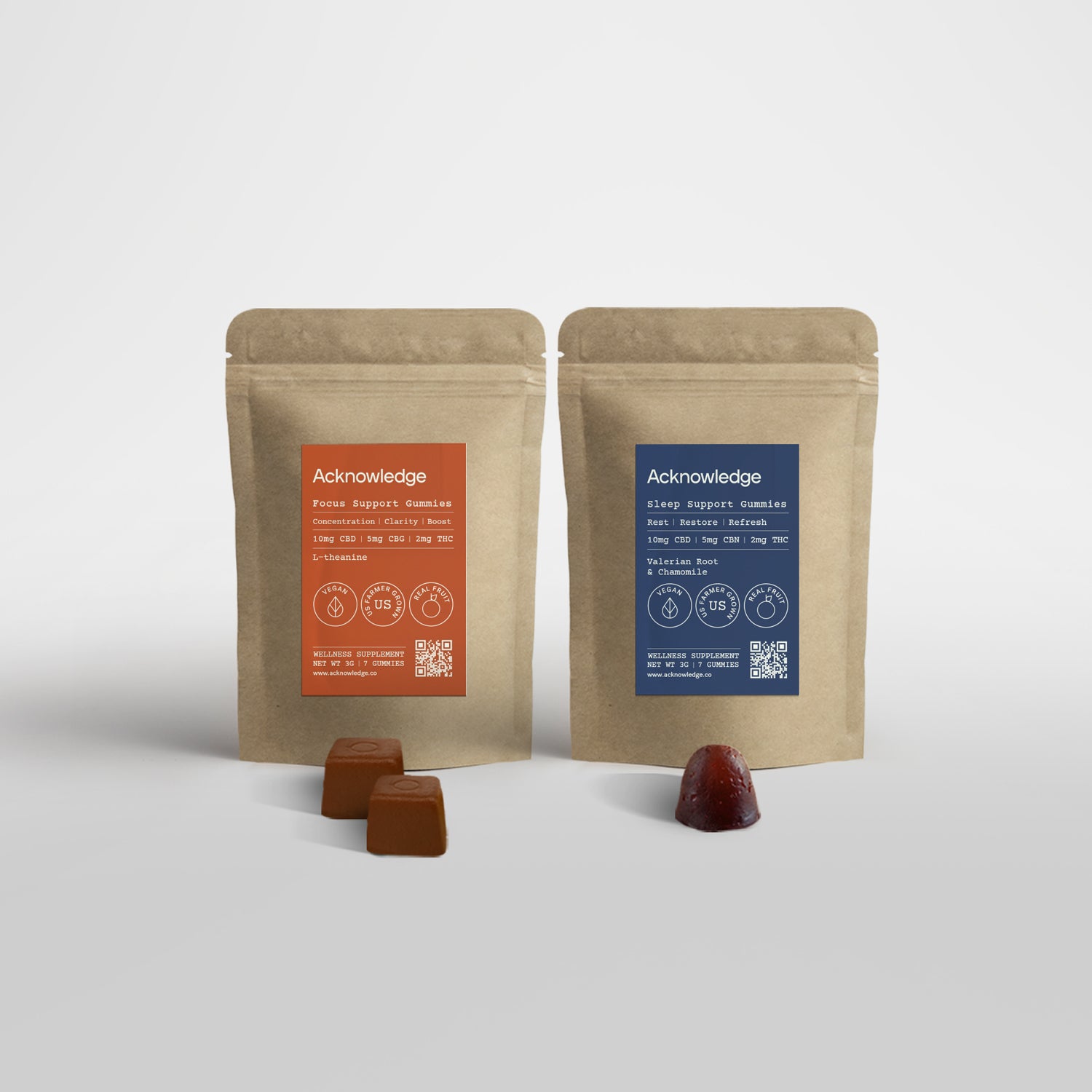 Acknowledge Focus and Sleep Support Gummies in eco-friendly kraft packaging, formulated with CBD, CBN, and THC for clarity, rest, and wellness.