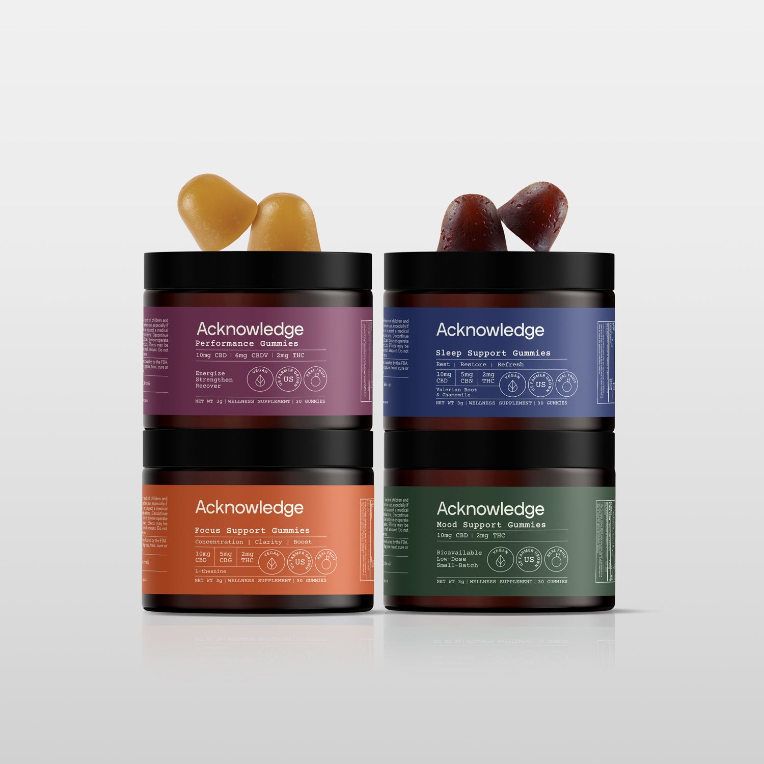 Acknowledge CBD gummies collection featuring Performance, Sleep, Focus, and Mood Support.