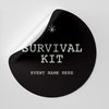 Black survival kit label with customizable event name on a gray background
