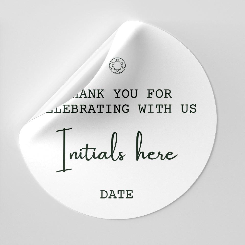 Round customizable sticker reading “Thank You for Celebrating With Us” with editable initials and date for event or product packaging personalization.