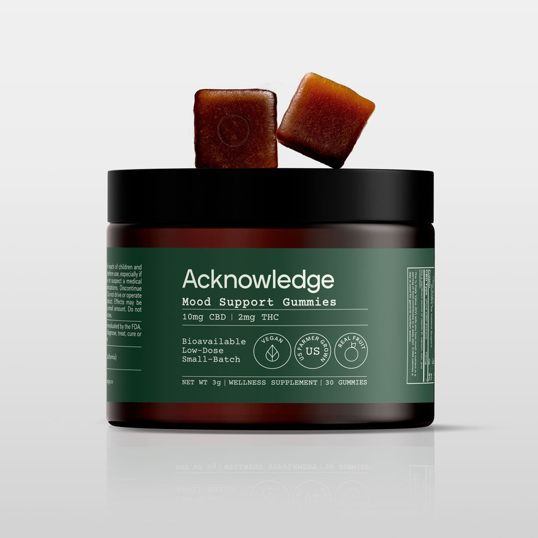 An image of Acknowledge Mood Support Gummies jar with two organic CBD+THC cubes on top.
